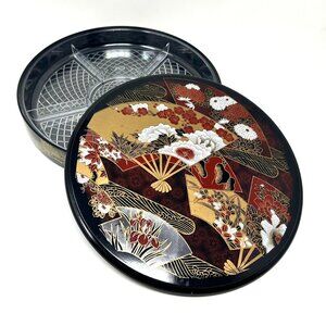 Japanese Lacquerware Round Divided Serving Container Fans Design Beautiful!